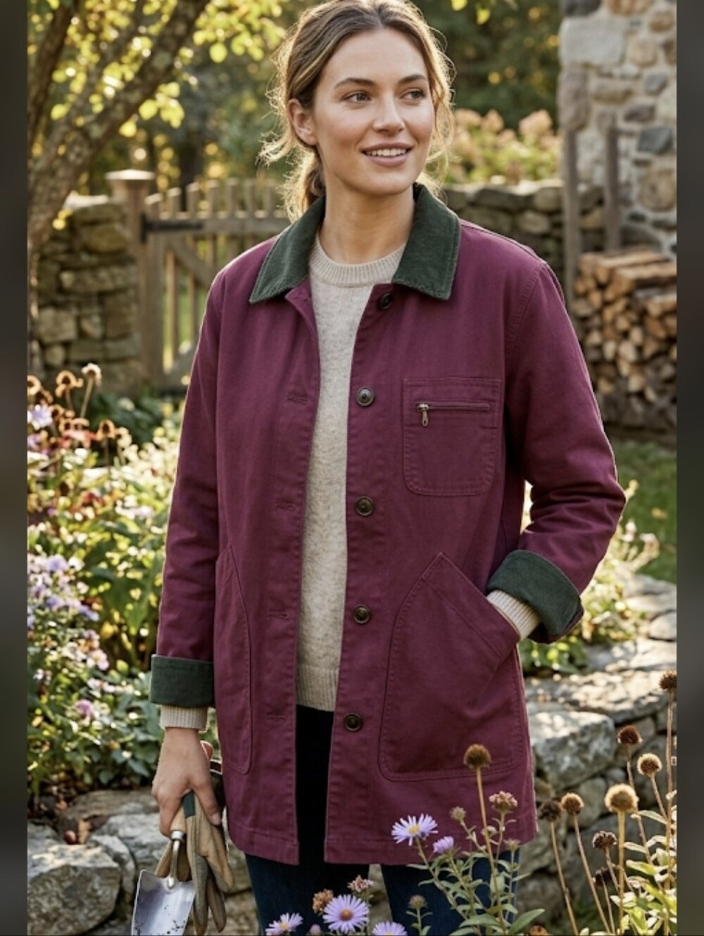 VTG L.L. Bean Burgundy Canvas Field Chore Coat Medium Petite Corduroy Trim
